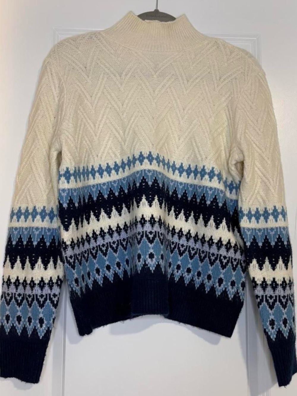 Cream and Blue Fair Isle Mock Neck Sweater